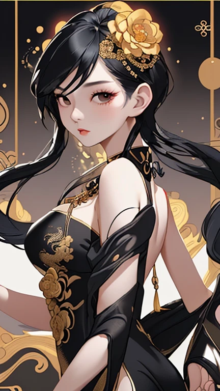 (masterpiece, top quality, best quality, official art, beautiful and aesthetic:1.2),(1girl,upper body:1.3),extreme detailed,(abstract art:1.2),colorful,highest detailed,black and gold,