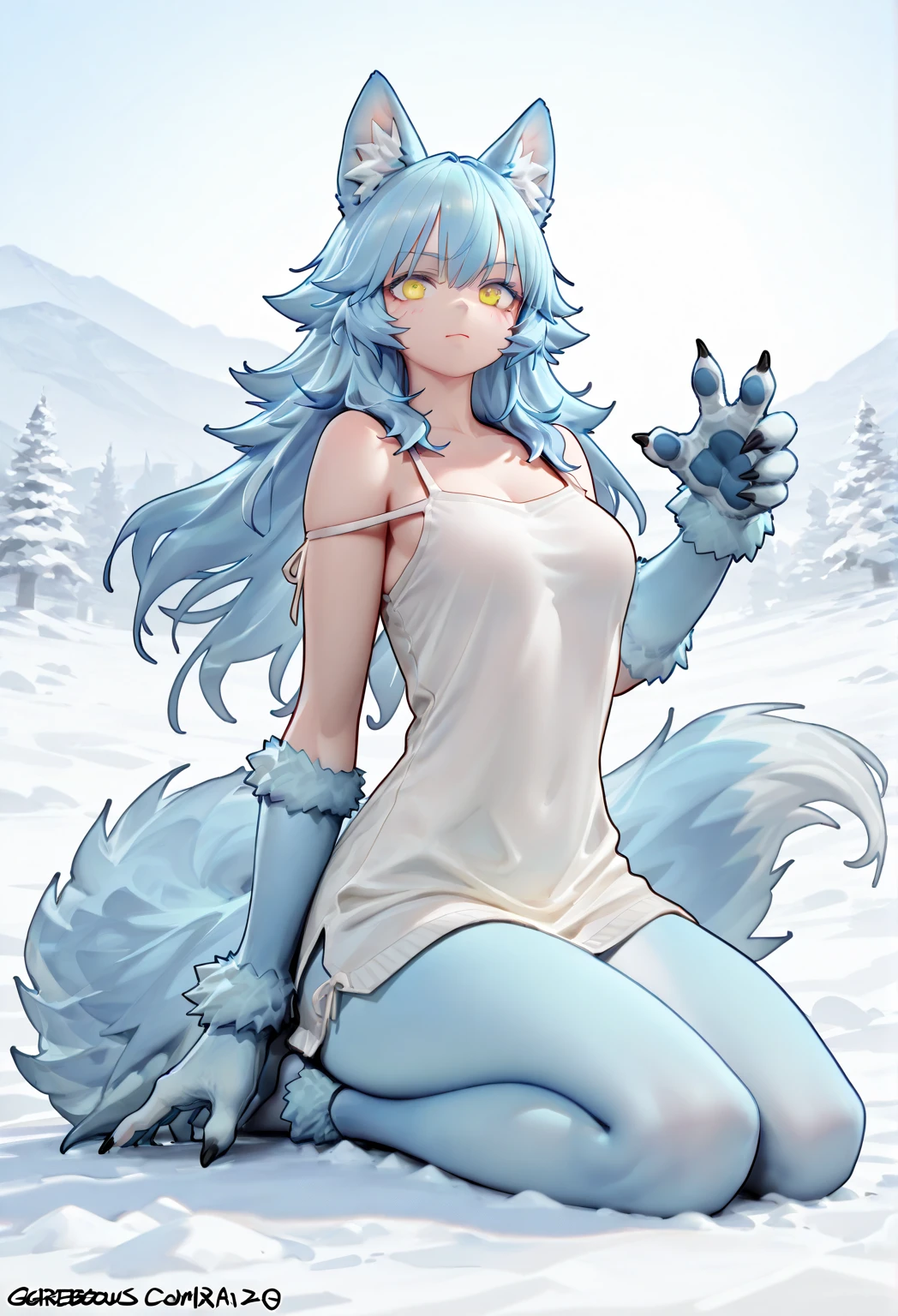 The best quality, Japanese Teen Hatsune Miku x Kitsune , fox face elongated snout add-detail, Surprise face, sweaty body, add heated_detail,, kitsune warrior in the snow add_detail:1, add barefoot_detail:1 mystical aura