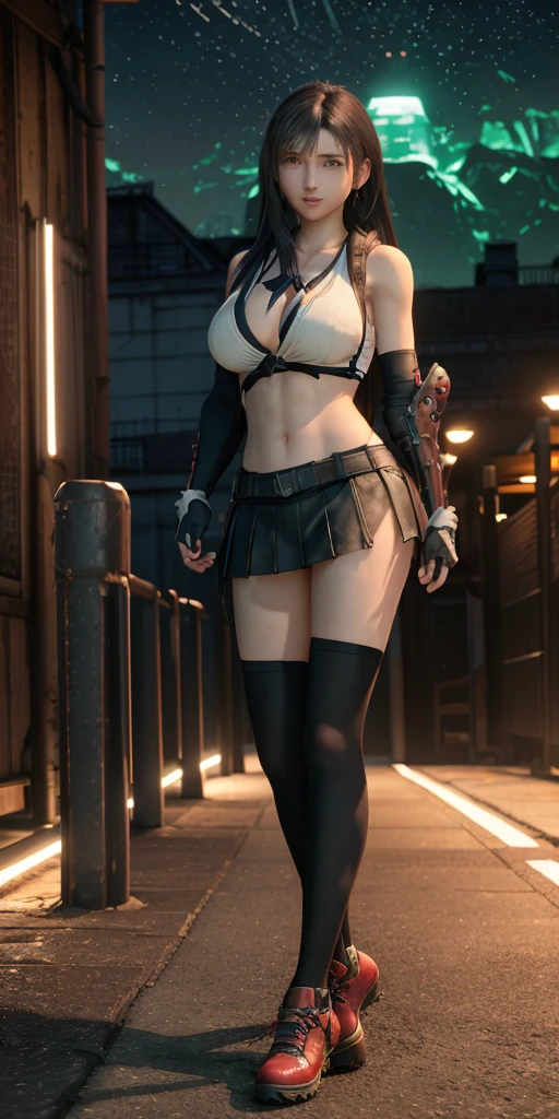 Unreal Engine 5 Realistic Render, (masterpiece, best quality), intricate details, (Best quality)), ((masterpiece)), ((realistic)), (hyperrealism:1.2), (fractal art:1.2),
1girl, 7rtifa, crop top, arm guards, fingerless gloves, suspenders, pleated miniskirt, black thighhighs, red boots
extreme detailed eyes, colorful, highest detailed,
vibrant colors, high contrast,
(8K UHD:1.2), (photorealistic:1.2), beautiful face, top body is hyper realistic thicc muscle and hyper largest_breasts!! with the type of boobs_melons, lower is huge buttocks, wet shiny body