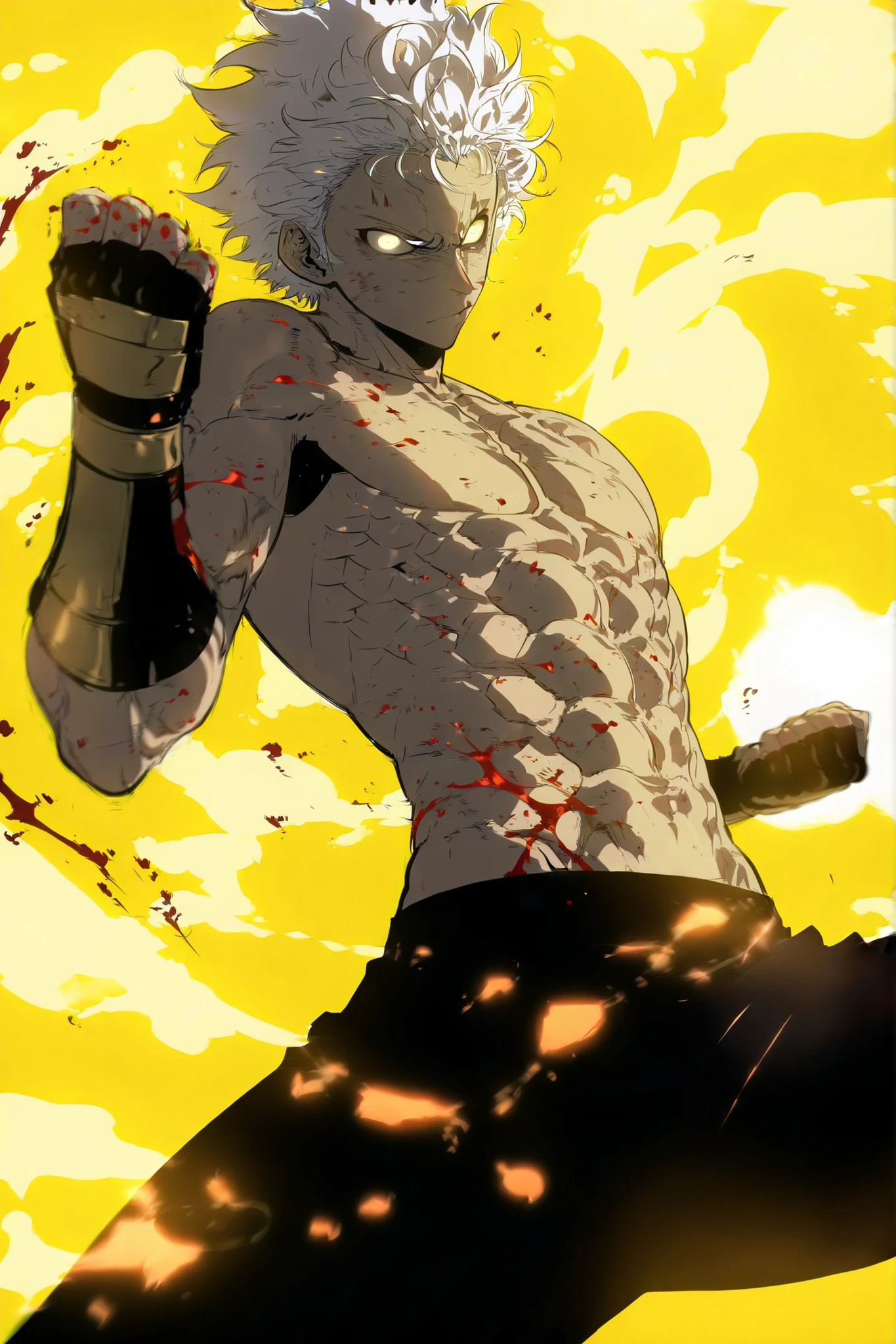 Handsome, Athletic, alone, male, Short spicky hair, long white hair, black yellow eye, no shirt, black pants, , intricate sketch, expressive eyes nose and mouth, Abs, simple pose, clench fist, martial art stance, blood on his fists , perfect Anatomy