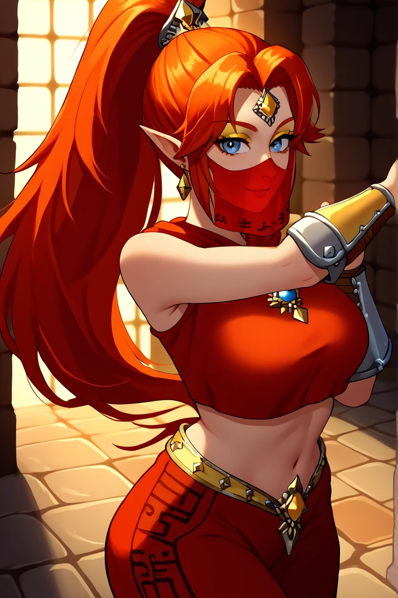 ((full body:2)) {zelda botw outfit}, only {zelda botw outfit} is this ((wearing Ninja attire, with round shiny jewel on chest, with a belt, helmet on head):2) ((extremely tight on the body, with a round jewel on her breastplate):1.5), only {zelda botw outfit} ((has extremely large breasts):2), only {zelda botw outfit} ((is looking at viewer/look and face of hate, doing heroic poses with arms above the waist)), only {zelda botw outfit} has ((green colored eyes, very short mohawk red hair):1.5), only {zelda botw outfit} is standing, ((Inside a cemetery, this night, it's full of ghosts near the tombstones)), anime, anime style, cinematic lighting, 16k, highres, best quality, (high details:1.4), UHD, ((masterpiece))