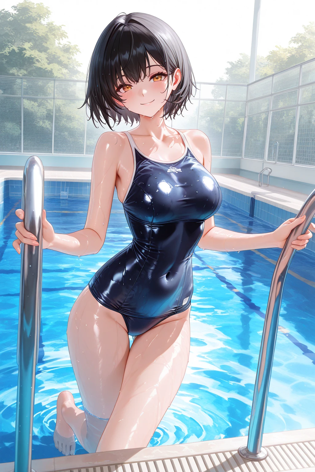 high quality、最high quality、Complete limbs、Ultra-high resolution、Bright light、Slender beauty、smile、Wearing a shiny school swimsuit、Glowing Skin、Large Breasts、Pool
