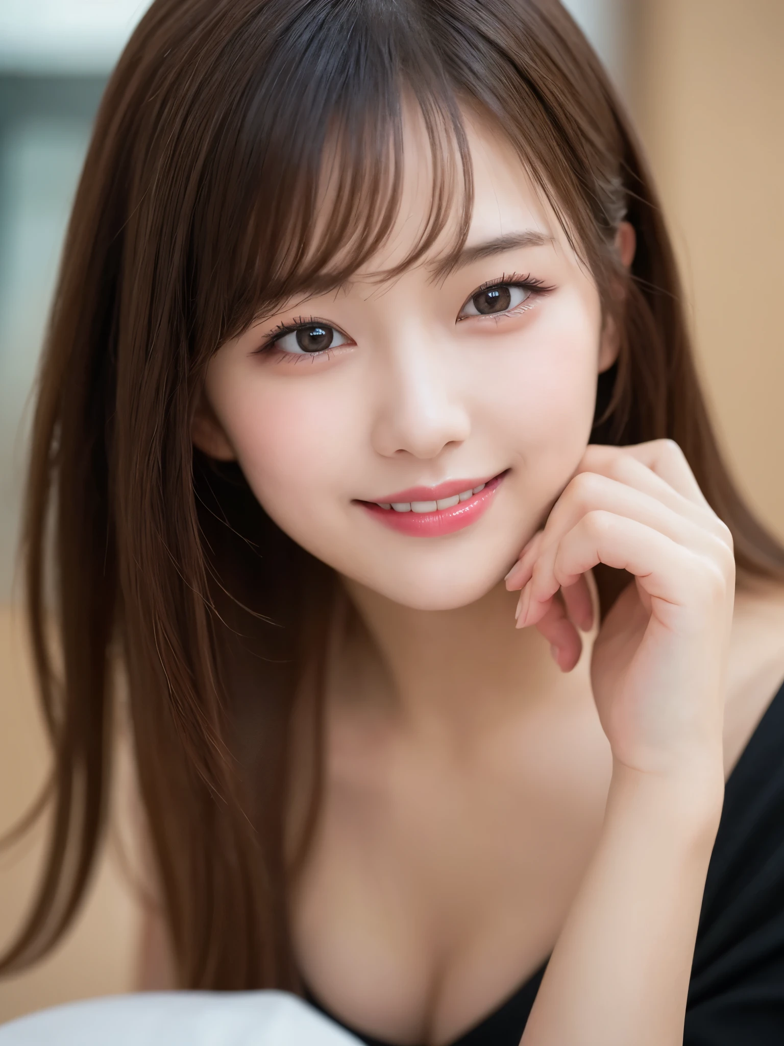 Tabletop, highest quality, shape, Very detailed, finely, High resolution, 8k wallpaper, 完璧なダイナミックな構shape, Beautiful and exquisite,ランダムなcute髪,,Natural color lip, Bold sexy pose,smile、20-year-old girl、cute、Looking into the camera,Always blur the background,Perfect and beautiful face,Slim face and figure,Big eyes、Putting on gal makeup,Small face,Shooting from below、smile,Blurred Background,Elegant feminine face、Cyberpunk Fashion、smile、Pose to please a man
