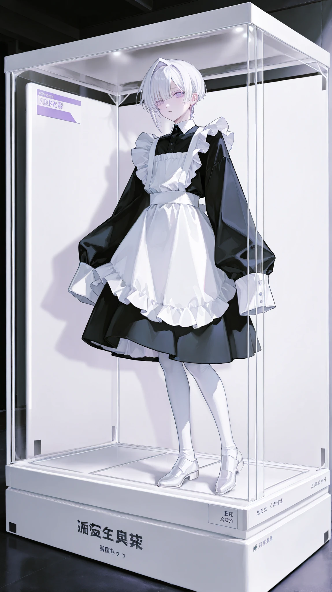 1 boy, bangs, right-single hair intake, white hair, short hair, lilac eyes, very long sleeves, sleeves past fingers, maid uniform, white kneesocks, ((person on display, exhibition box,))