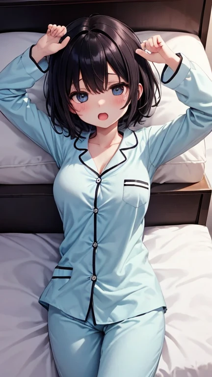 (masterpiece, best quality), 1girl, bed sheet, messy hair, unbuttoned shirt, unbuttoned shorts, blue pajamas, shiny skin,