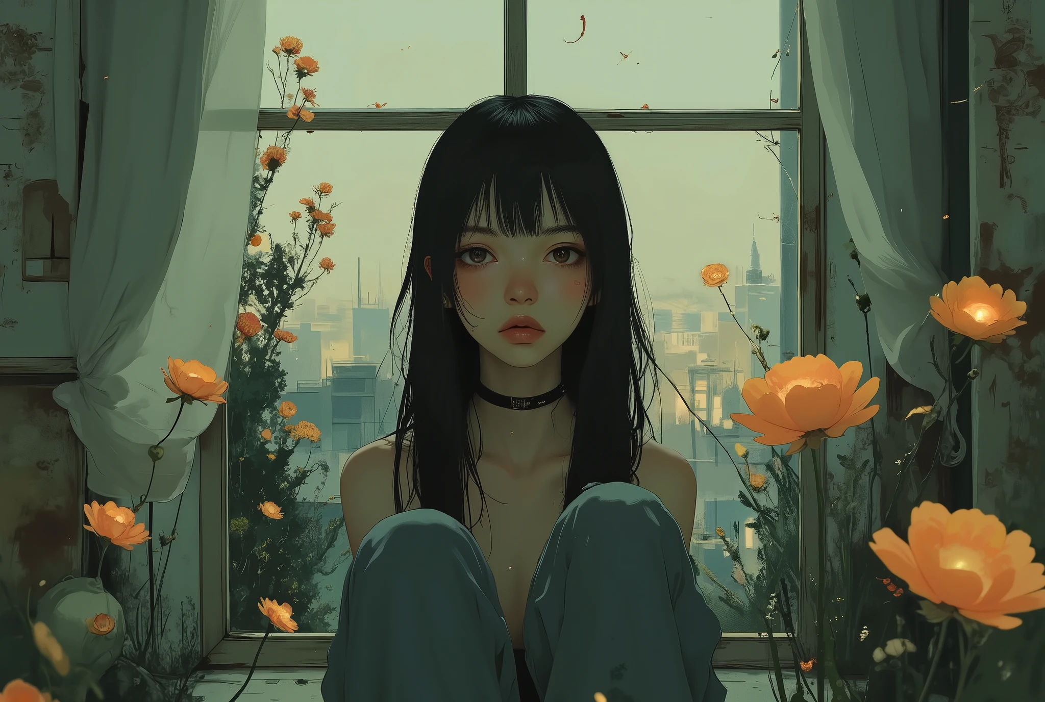(Imaginative Drawing:1.3) of (Detailed illustration:1.3) <lora:low_angle_human:.8> low_angle_human, solo, 1girl, from below, sky, realistic, shirt, deutch angle, from below, outdoors, flowers,,(CineColor:1.3)