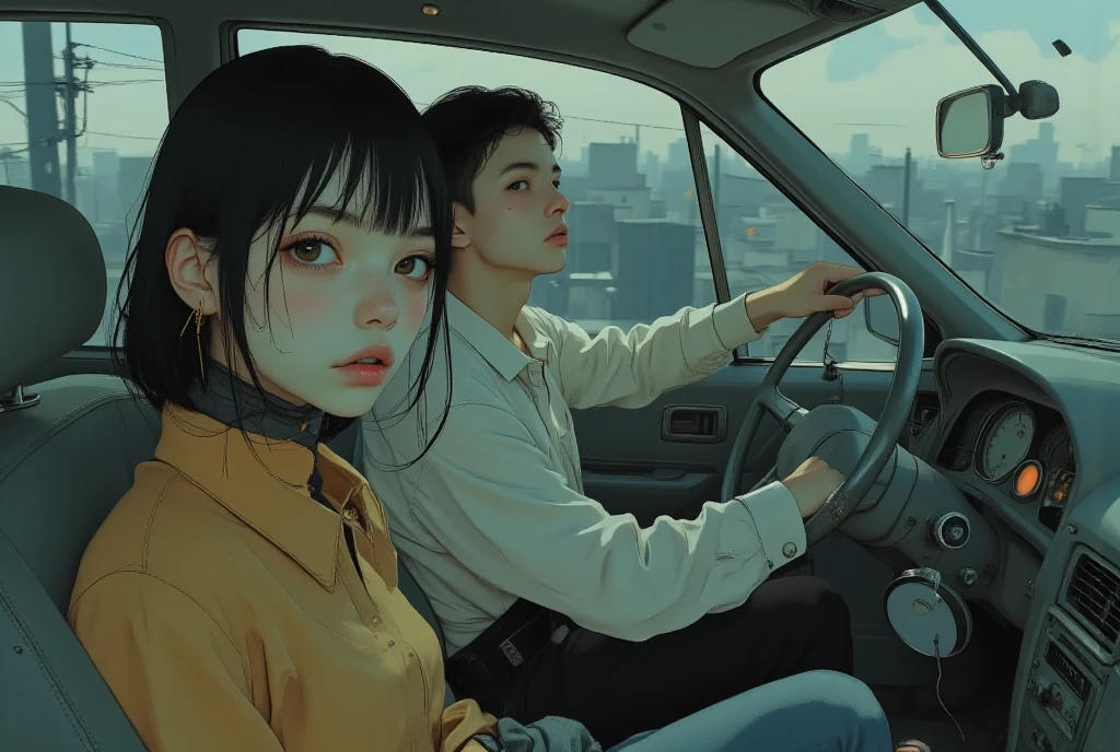 A girl and a boy sitting inside a van, girl looking at forward and boy looking at the girl