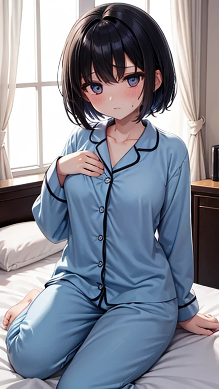 ((realistic lighting、highest quality、8K、masterpiece:1.3))、clear focus:1.2、perfect hands,perfect fingers,with a girl、perfect body beauty:1.4、short hair,((sit on the bed and stretch out)),pajamas,valley,