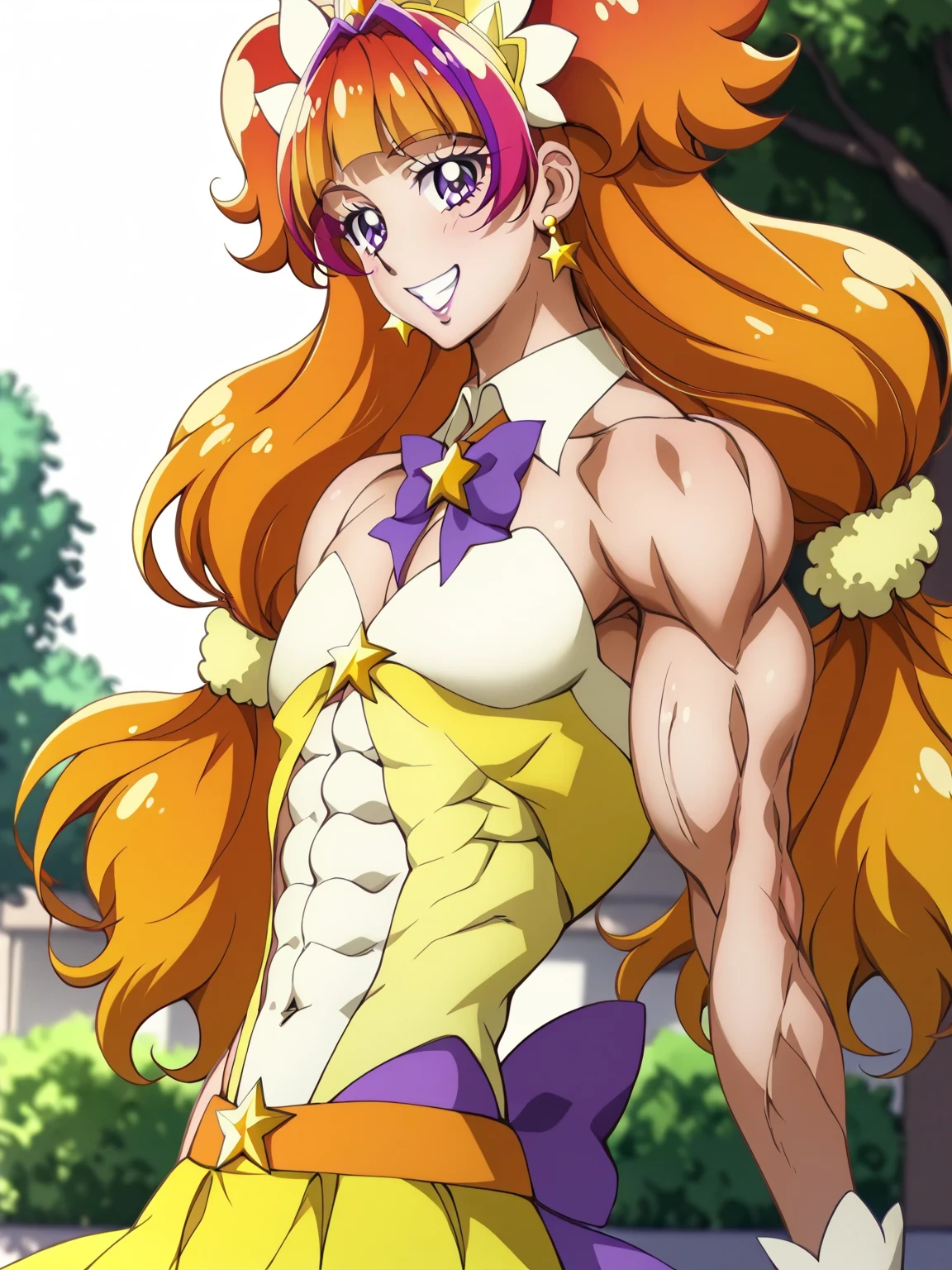 score 9 、score 8 up、score 7 up、source anime、masterpiece、top quality、high resolution、anime coloring、1boy、cure twinkle、(male:1.ellow mini dressを着たlong hairの男性のアニメの絵、solo、long hair、orange hair、low tied long hair、gradient hair、multicolored hair、 Hair、two tone hair、streaked hair、blunt bangs、twintails hair、high short twintail hair、low two side up hair、 purple eyes、yellow mini dress、purple mini skirt under yellow mini skirt、layered skirt、Jewelry brooch 、naughty smile、lewd smile、Muscular and strong、white boots、strapless dress、sexy、thigh boots、Strong muscles、Yellow Miniskirt、purple bowtie、purple thong、yellow bow、purple thong under purple mini skirt、Sparkling Magical Boy、sexyな雰囲気、ultra mega super hyper sexy、Masculine and muscular、(manly:1.5)、!!Full Body Portrait!!、Bare shoulders、Bare Arms、Bare Crotch 、Bare Thighs、wrist cuffs、purple bow tie、orange belt、collarbone、covered midriff、covered abs、covered navel、 covered stomach、upper pectoralis major、pectoralis major、biceps、biceps long head、biceps short head、triceps、triceps medial head、triceps lateral head、triceps long head、trapezius、deltoids、anterior deltoids、middle deltoids、posterior deltoids、thigh muscles、semitendinosus muscles、covered adductor magnus muscles、 Magical Boy's Style 、sexy male、lewd male、 magical aura、perfect body、perfect hands、perfect arms、perfect legs、 male focus、looking at viewer、cure twinkle outfit、solo focus、cowboy shot、(male body:1.6)、beefcake style、(manly face:1.6)、