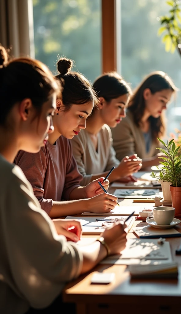 Women are listening to music on the table and working.
