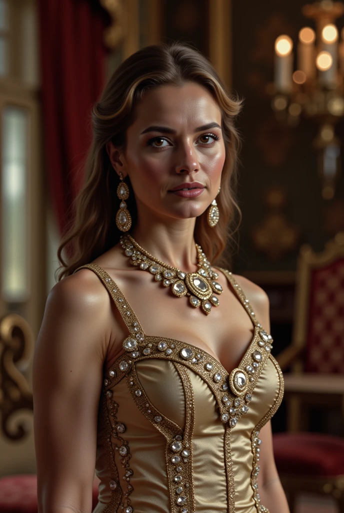 Realistic photo of a beautiful mature woman, Paris Hilton, (skin texture:1.1), (detailed eyes), (brown hair), (braided hair), (detailed face), (skin pores), (legs), (broad shoulders), (lean perfect body), (((extra small breasts))), pale skin, ((high detail plunging colourful royal dress)), throne room background, facing the camera, (masterpiece), (photorealistic:1.4), RAW photo, best quality, high res, rich colors, backlight, bright sunlight, cinematic lighting, film grain, raw photo, 50mm lens, Nikon D850, cool colors, golden ratio, small breasts:1.2