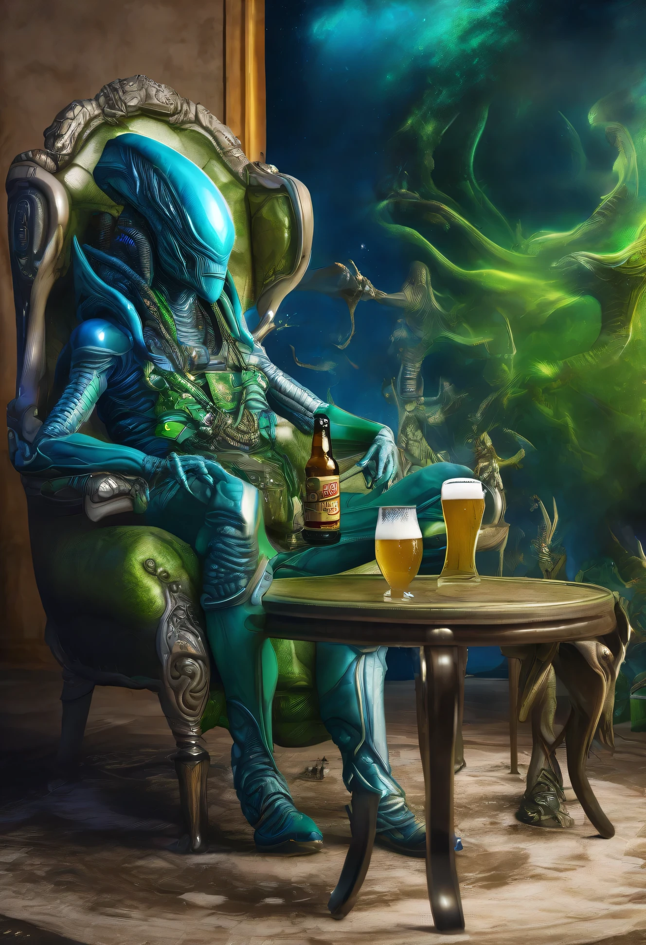 two women and a robot in costume sitting on a sofa in front of a green screen, still from the film of the Aztec cyborg, peter mohrbacher. unreal engine, ganesha, love death + robots, movie still, holding a smoking ray gun, concept art of a monk, by ncsoft, by Kaja Foglio, diablo - 3 --auto --s2