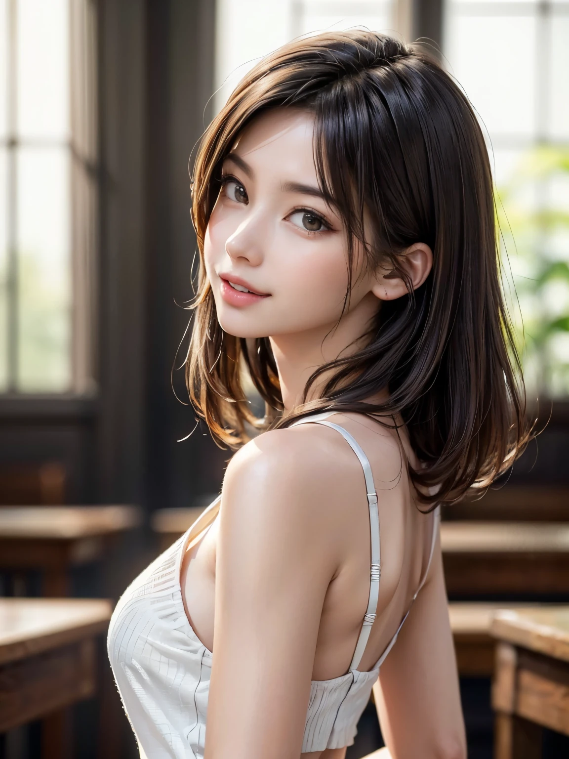 Upper Body、Beauty、Well-formed face、20-year-old、Uniform eyes、Small face、, light brown hair, hair over shoulder, parted bangs, straight hair, expressive hair, shiny hair, earrings, seductive smile, Upper body naked、Small Bust, Surrealism, cinematic lighting, first-person view, pov, f/1.2, Nikon, depth of field, cowboy shot, UHD, textured skin, best quality, highres, 8k