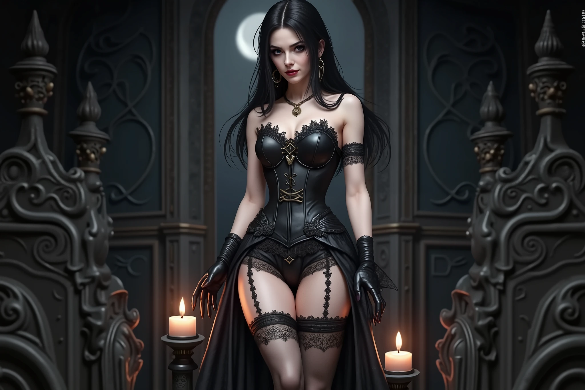 (highly detailed:1.3),
wraith, solo, light smile, head tilt, horns,
<lora:edgWraith:0.7>, edgWraith, wearing edgWraith costume, (torn bodystocking:1.1), garter straps, pelvic curtain, seductive outfit, pubic tattoo, fur trim, cape, (pelvic curtain:1.2), (glowing:1.1), (fur coat:1.2), (gauntlets:1.2), (frills:1.2), (center frills:1.1), (nightgown:1.2), (white dress:1.2),
Ultra-detail, (highres:1.1), best quality, (masterpiece:1.3), cinematic lighting, windowboxed, belt, ribbon, bracelet, choker, jewelry, necklace, sunburst, brooch,