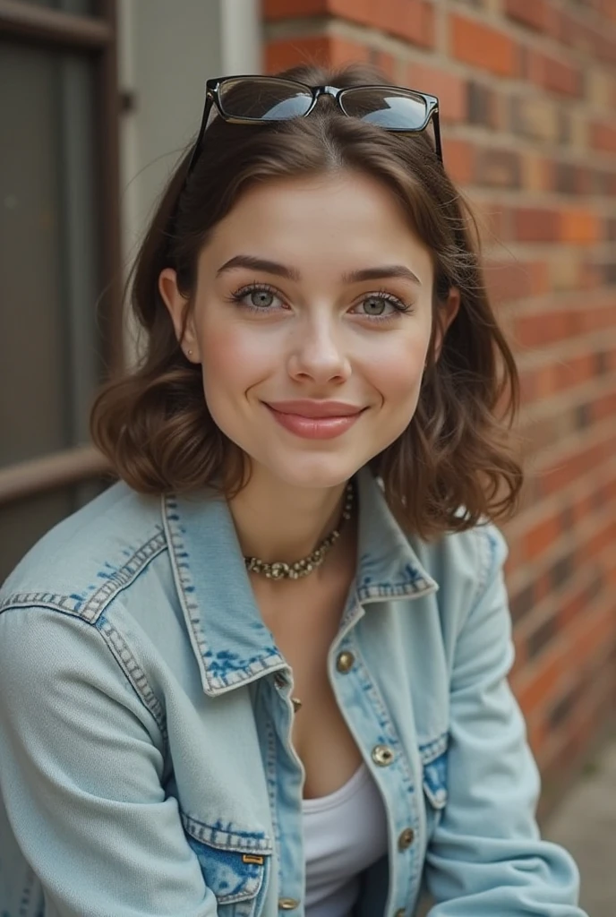 my personal goddess High Resolution, Looking at viewer, Brown Hair, Earrings, Masterpiece, sad Smile,wearing only a rugged jeans jacket