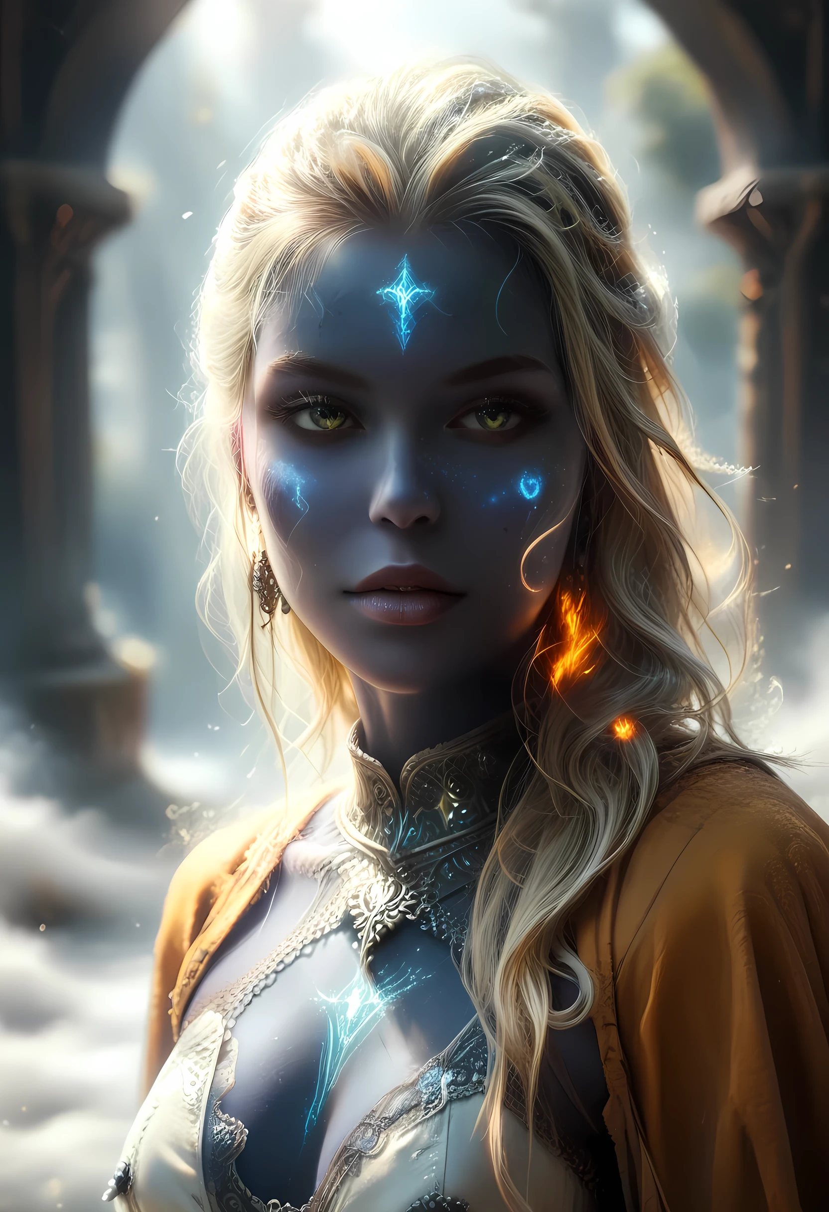 portrait of a female cleric ((dark blue skin)), intense details facial details, exquisite beauty, cleric, ((dark blue skin)) female, ((yellow hair)), long hair, (((no ears))), (green eyes)), armed with a fiery sword red fire, wearing (twilight priestly combat vestments), wearing white armor, wearing high heeled laced boots, wearing white armor, wearing an (orange cloak:1.3), wearing glowing holy symbol, fantasy art, dnd art, RPG art, wide shot, (masterpiece: 1.4) intense details, highly detailed, photorealistic, best quality, highres, within fantasy temple background, reflection light, high details, best quality, 16k, [ultra detailed], masterpiece, best quality, (extremely detailed), close up, ultra wide shot, photorealistic, RAW, fantasy art, dnd art, fantasy art, realistic art,((best quality: 1.5)), ((masterpiece: 1.5)), (detailed), perfect face, strapless, lace up stilettos, fantasy, Fantasy background, dvr-hgh-fnt