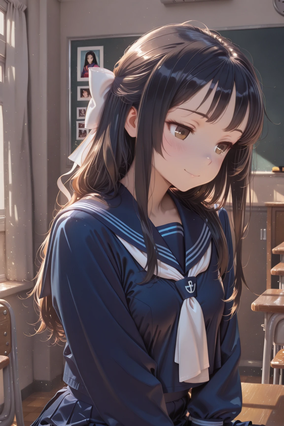 (nsfw, High definition, high quality),(1 Female, black hair, medium length hairstyle, Gradient brown eyes, black eyeliner, thin lips, Laugh shyly ),( High school girl uniform, pleated mini skirt),( Arms crossed, Sit down and )、(embarrassed,blush:1.3)、 nose blush