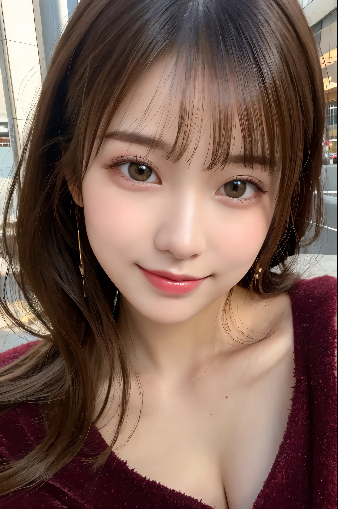 19-year-old girl, (China dress), RAW Photos, Highest quality, Realistic, Very delicate and beautiful, Very detailed, 8k wallpaper, High resolution, Soft Light, Full Body Shot、Very detailed目と顔, Beautiful and detailed nose, Fine and beautiful eyes, Cinema Lighting, City Background, Perfect Anatomy, Slender body, Shapely breasts, Straight hair, smile, Asymmetrical bangs, Light brown hair、Yua Mikami、