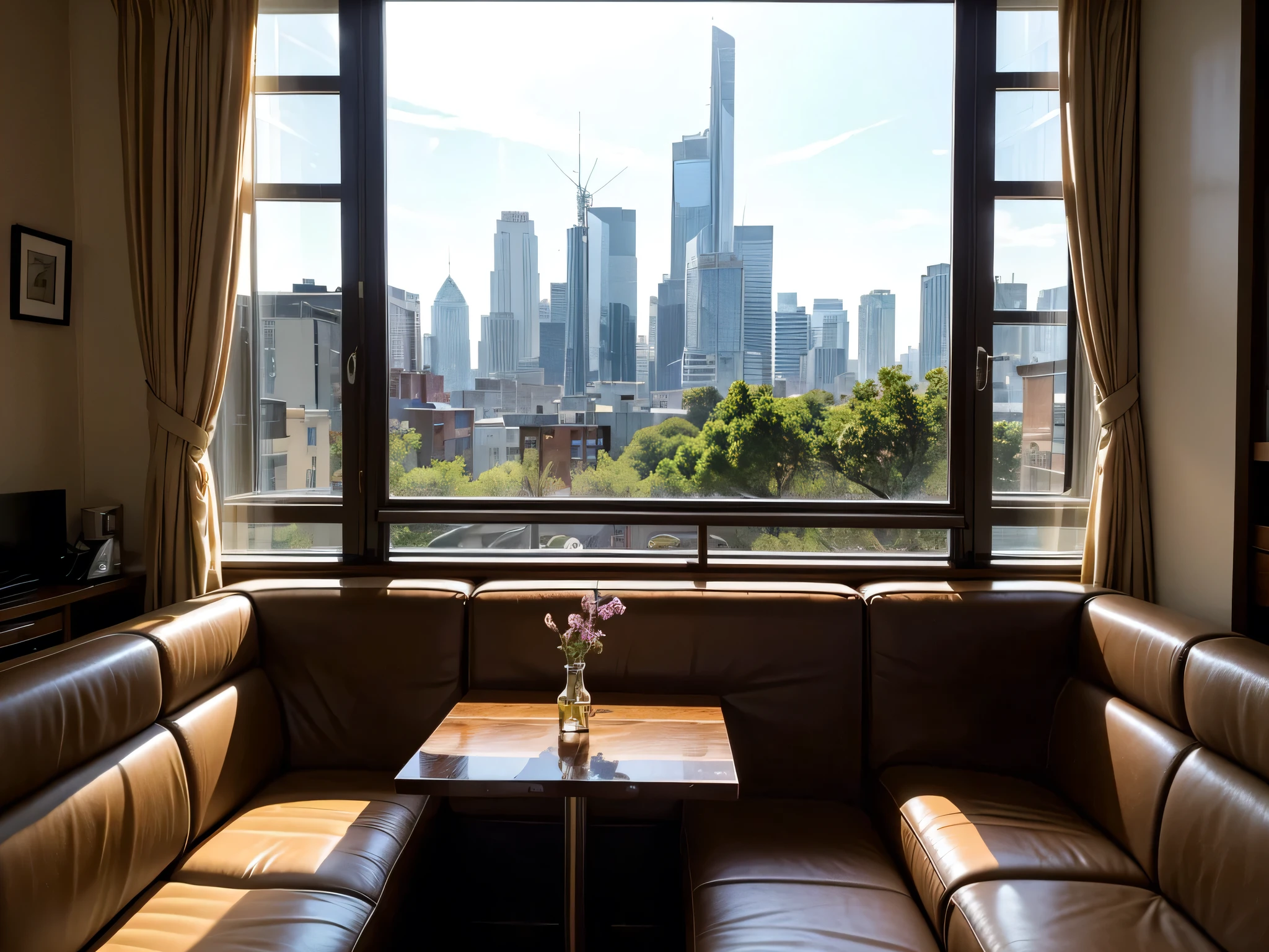 profile picture. Ordinary table, with sofas on the sides in front of a cafe window. Casual cityscape with city views and small vegetation from a cafe window. An empty room , without depicting humans and other creatures