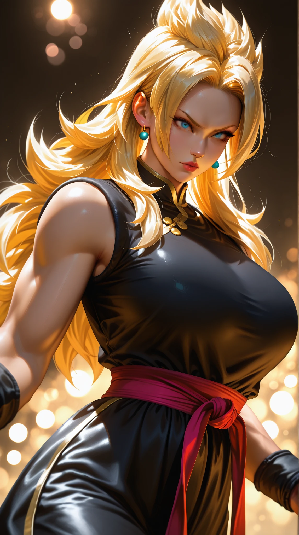 (best quality, high resolution, masterpiece: 1.2), ultra detailed, (realistic, photorealistic, photorealistic: 1.37), female Super Saiyan 4, vibrant colors, intense energy, fierce expression, neutral physique, fiery aura , confident posture, dynamic action, detailed skin, flowing hair, powerful beam attack, dramatic lighting, epic battle scene, mystical transformation, carrying a camehameha.