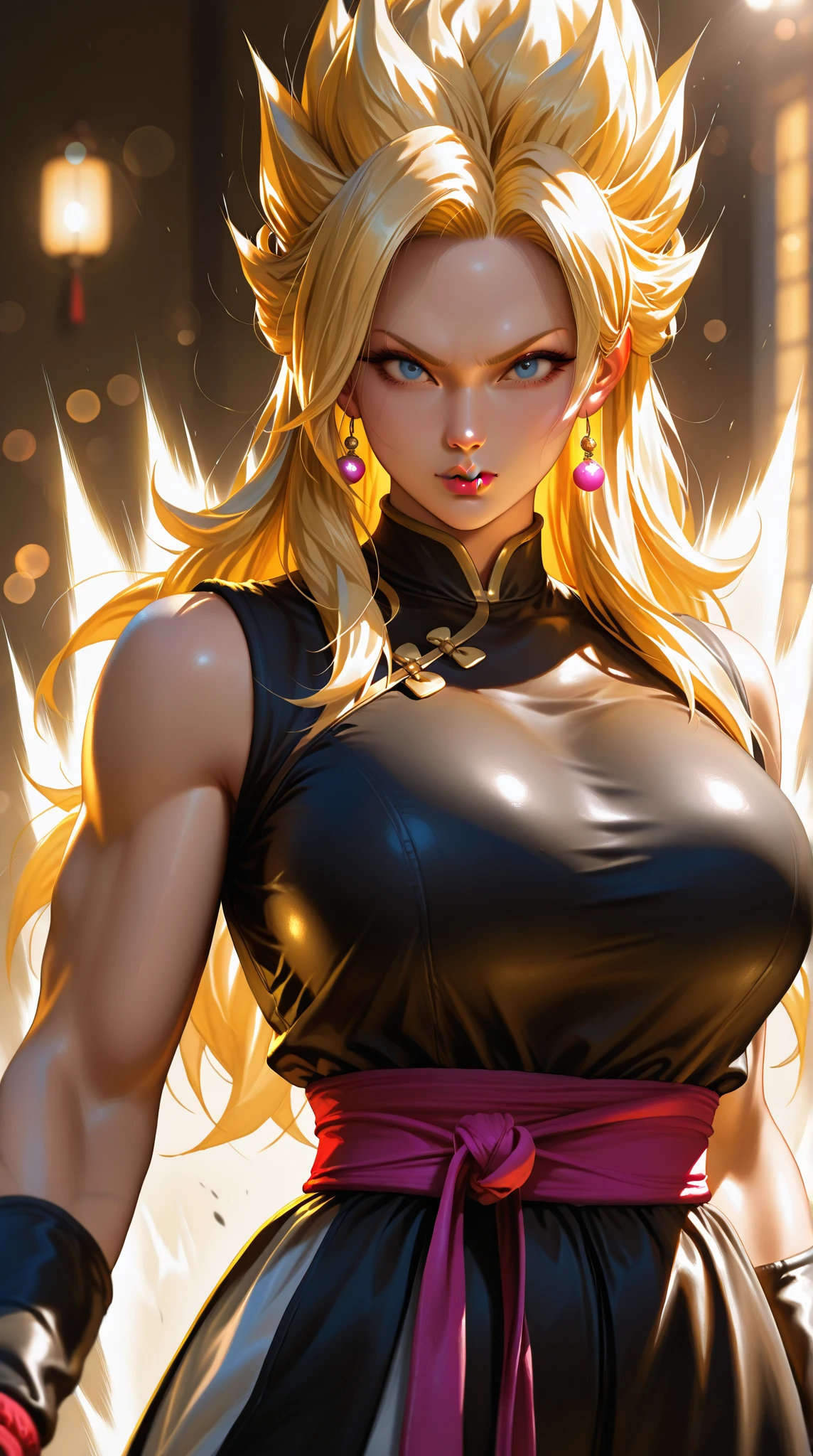 masterpiece, best quality, female goku, femalesuper Saiyan, yellow hair