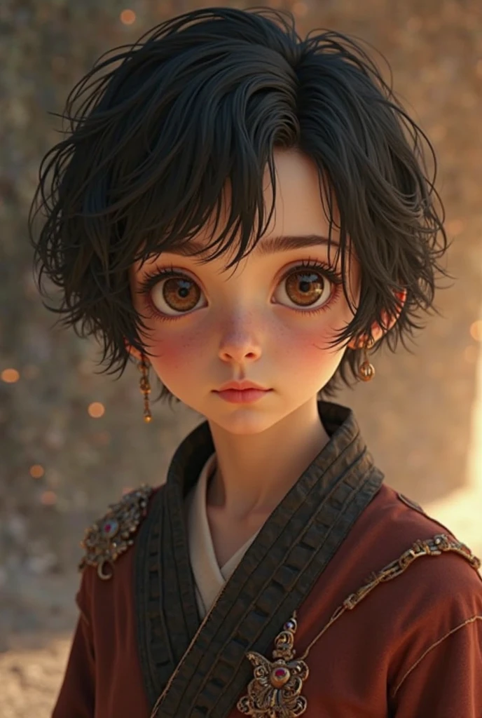 a male child, with black hair and violet eyes, dressed in medieval era clothing.