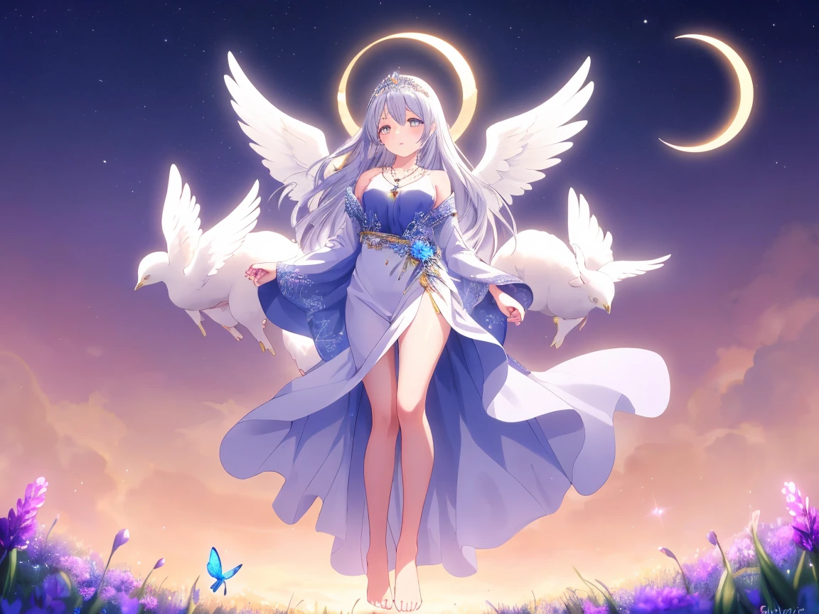 (high quality:1.2),(最high quality:1.2),(masterpiece:1.2),formula wallpaper,Surreal,Beautiful Goddess,(woman:1.1),(Long Wavy Hair:1.1),(Flower Crown:1.1),(Celestial:1.2),(Sacred:1.2),(Mystical Creatures:1.1),(Floating Island:1.1),(detailed landscape:1.1),(Magic in the air:1.1),(Stardust:1.1),Night Sky,(Whimsical atmosphere:1.1),(A dreamlike world:1.1),(bubble:1.1),(Lunamos:1.1),(moonlight:1.1),Enchanted Forest,(wisdom:1.1),(Powerful Energy:1.1),(guardian angel:1.1),(create:1.2),(peaceful:1.1),Vibrant colors,High resolution,(detailed:1.05),(extremely detailed:1.06),Sharp focus,(Complex:1.03),(extremely Complex:1.04),(Spectacular views:1.09),Vibrant colors,(Beautiful views:1.08),(detailed scenery:1.08),(Complex scenery:1.07),(Nice views:1.05),Beautiful Face,[Perfect Eyes:0.8],[Perfect Skin:0.8],[detailed face:0.8],[detailed eyes:0.8],[detailed hair:0.8],[detailed lips:0.8],