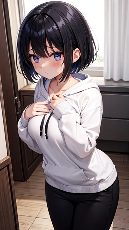 (masterpiece:1.3), (Absurd:1.3), (highest quality:1.3), The Hands of Guido Daniele, (Very detailed:1.3), (Best Shadow:0.7), (Processed Hair), One girl, alone, S1, aizawa ema, 16 years old, (medium Breasts:1.0), perky breasts, cleavage, (pregnant:0.9), (thick thighs:0.4), (black hair:1.4), Asymmetrical bangs, Blunt bangs, blue eyes, (pink sweater dress:1.4), Top, Bare shoulder, no bra, (?????? shape:1.0), (simple black socks:1.4), cute face, panic face, (embarrassed:1.0), in the bed room, beside the bed, standing up, full body,