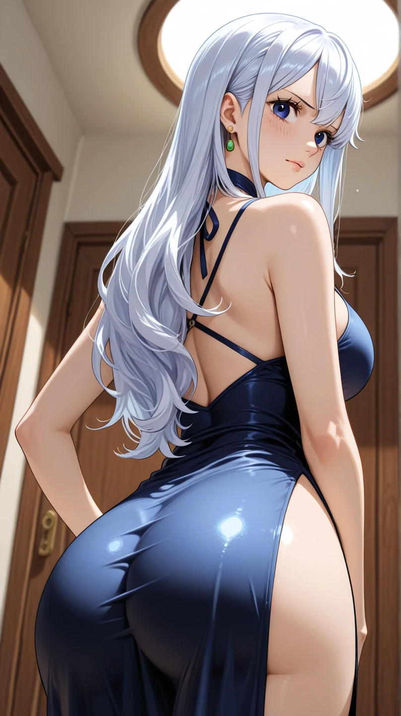 score_9, score_8_up, score_7_up, score_6_up, h1m3n0, 1girl, , mature female, Mei Mei , white braided hair, hair over one eye, black tight dress, seductive smile, balcony, seductive pose, bend over railing, looking back and showing her ass, pulled up dress and showing her nude pussy, from behind