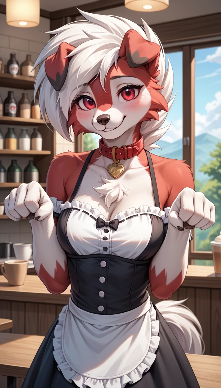 top quality, best quality, High-quality illustrations, masterpiece, super high resolution, detailed background, snow leopard female bartender, (kemono, furry anthro), light fur, medium breasts, sitting on the bar, tight white button shirt, red bow tie, white cotton panties, bar, cocktail, absurdres(highly detailed beautiful face and eyes)perfect anatomy, expression, good lighting, cinematic shadow, assorted happy poses, dynamic angle,