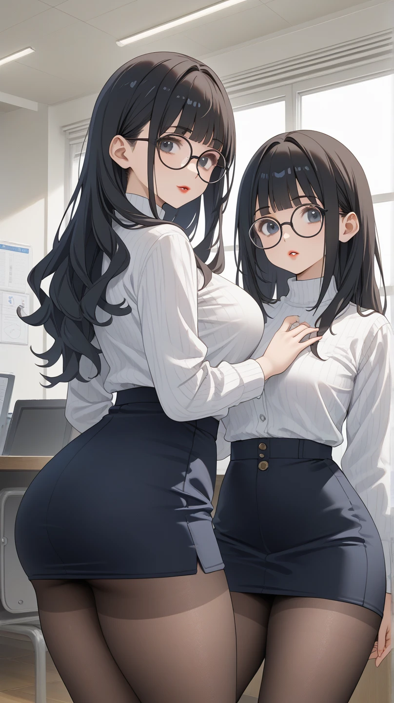 ((masterpiece)),(((highest quality))),((Reference Sheet, Character Design, in front, looking at the viewer , girl with glasses~ ~ side, Mr..々Hairstyle, Mr..々Performance, Facial Expressions)), 30-year-old girl, Cute type, (curvy:1.4), (normal ass:1.4), Realistic buttocks, Big Breasts, big , thick thighs, Long legs, It's not a big deal, ((High quality fabric, nude, no panties, topless, stockings)), ((Browsing Caution:1.0))