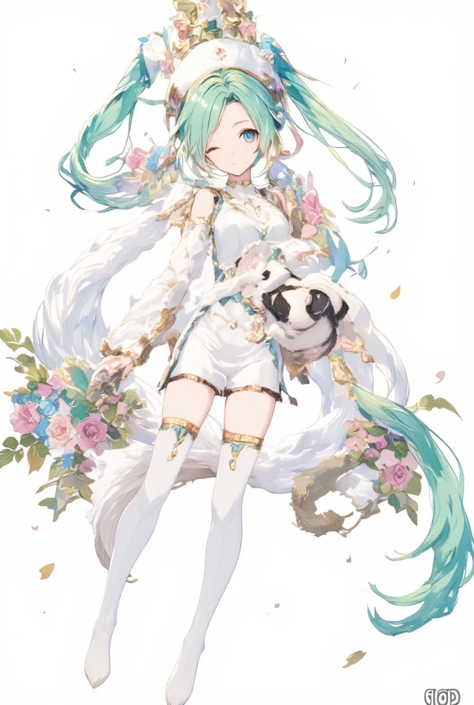 master-piece,hyper quality, hyper detailed,perfect drawing,1 beautiful girl, white bikini, rabbit ears, rabbit tail, rabbit palm, rabbit paws, rabbit fingers, gray hair, drooping eyes, height 165cm, three sizes B95W60H90, fluffy, kneeling, holding a large bouquet, pow pause, (character sheet:1.4), (concept art:1.4)