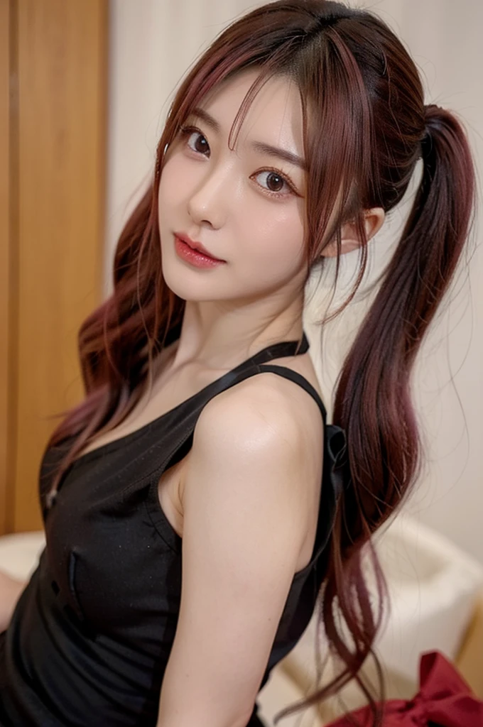 masterpiece, best quality, high resolution, photorealistic, 8k natural skin, beautiful face and eyes, 1 Japanese woman, beautiful lady, age 25, (from front, full body:1.5), curvy body, cleavage, wearing red long party dress, very long wavy hair, ponytail,