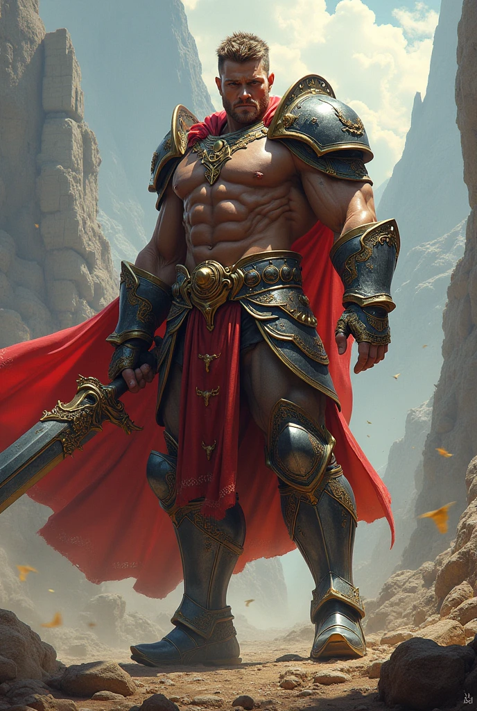 (masterpiece, 4K ,Super detailed:1.2), (anime:1), (Perfect quality), (((Adult body))), ((Swinging a big sword, Combat Ready)), The whole body is shown, Looking at the viewer, Big body, Gladiator、armor, Heavy equipment, A look of contempt, Big man, tall, Blonde, Young man