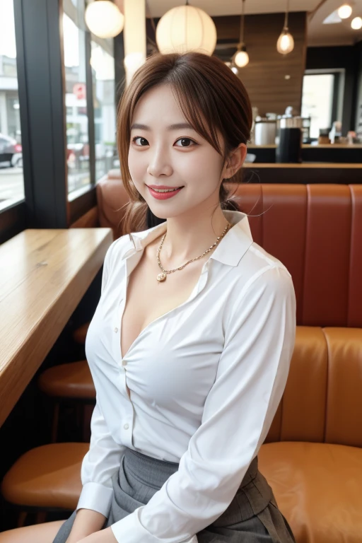(Highest quality,8K quality,masterpiece:1.3),(Ultra-high resolution,Realistic:1.4,Live Shooting),(Very detailed,Caustics),(Ultra-Realistic Capture,Beautiful and detailed skin),19 years old,Beautiful Japanese, Medium Hair, Asymmetrical bangs, Brown Hair, I'm looking at the camera with a smile on my face,Soft Light,A ray of light shining from above,Natural light,((blouse)),(((One Woman))),Cafe