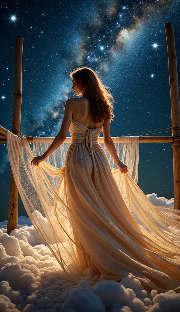 ((masterpiece, Highest quality, Best image quality, High resolution, Realistic, RAW Photos, 8k)), ((Highly detailed CG synthesis 8k wallpaper)), (Huge and stunning goddess shot, Wearing a sheer white dress,Very hot and sexy, Incredible beauty, Perfect Proportions, Beautiful body, Slim body beauty:1.4), Midnight, Looking up at the stars from the observation deck of a huge spaceship, Ancient Gods々The sky I looked up at, The origin of humanity, View from behind,