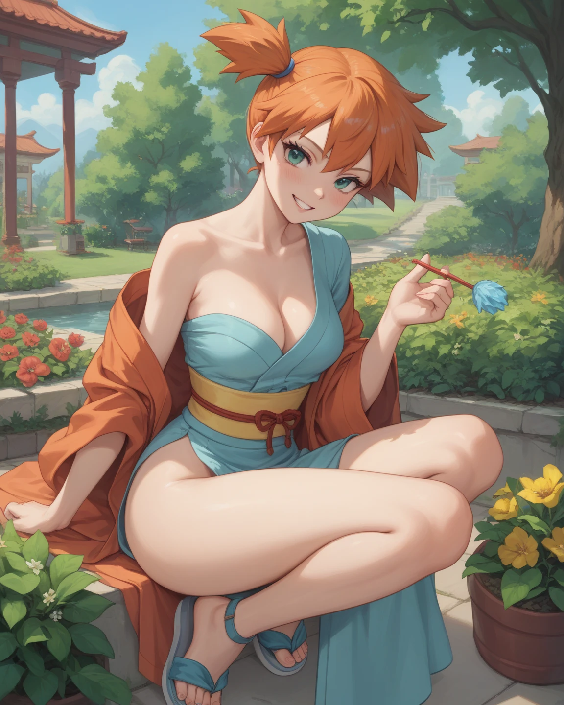 (best quality:1.2),(ultra detailed,highres,HDR,8k,3D,realistic,photorealistic,super fine,effects,official art,detailed background), (very happy smile,young,Japanese,detailed beautiful face), (Happy days),(round face,small face beauty), (dynamic pose:1.3), (head to thighs:1.3), (Black and orange shrine maiden outfit: 1.3), (cleavage, huge breasts), (orange ribbon with bell)(A garden with multiple flowers blooming, a secret garden:1.3), (colorful flowers:1.3)