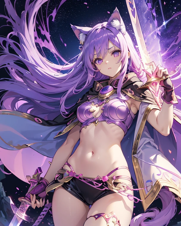 highest quality、woman with very long light purple hair、slim body shape、sharp eyes、small breasts、white bikini armor（Navel exposed、No sleeve、Thigh exposure、skeleton-like armor）、Standing on the water surface of a forest lake at night、Different world、dark fantasy