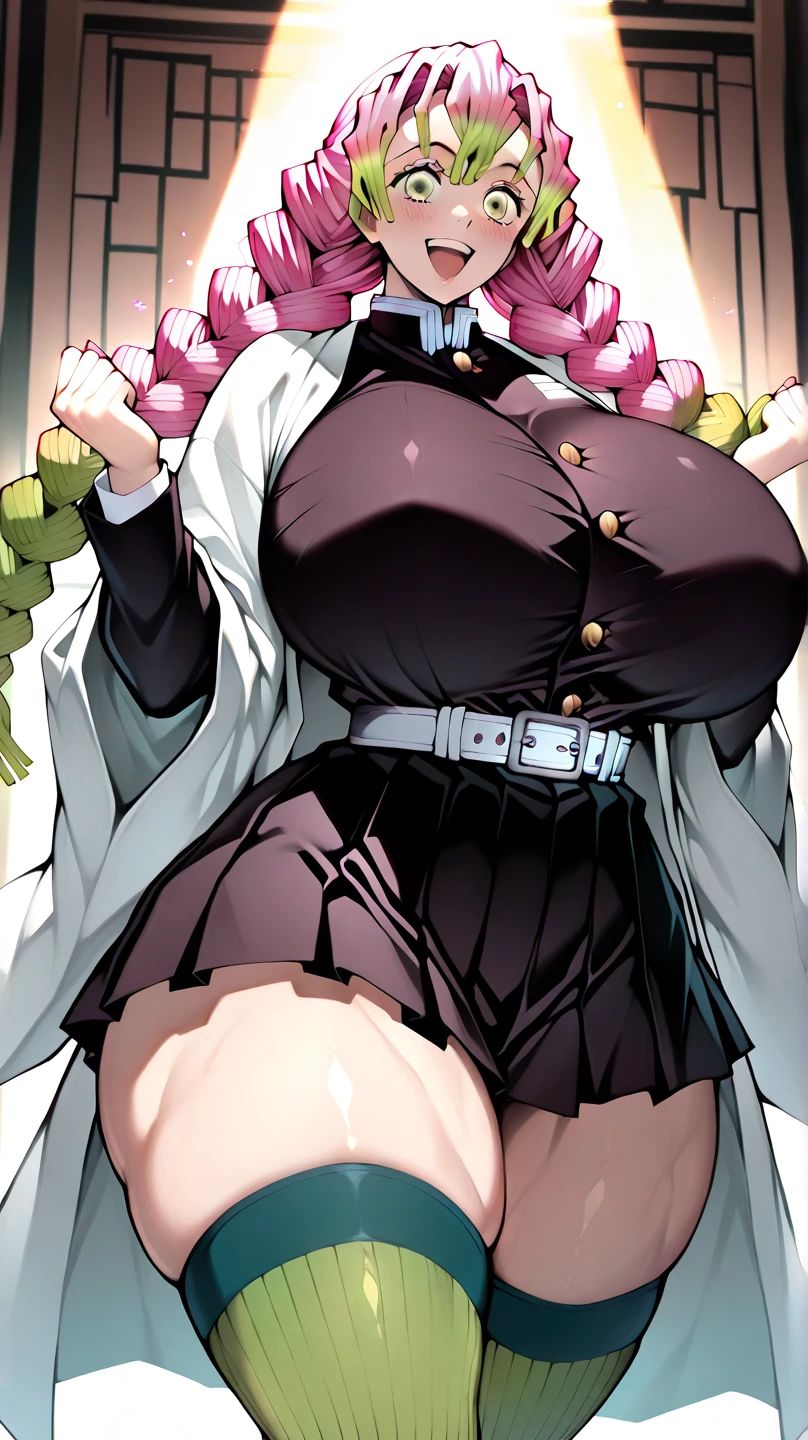 long pink hair, pink hair turns green towards the ends, A dazzling smile, Mitsuri Kanroji from Demon Slayer, big breastes, White Haori, White Japanese cloak, Upskirt, green stockings, black undershirt, The top buttons of the shirt are unbuttoned, beautiful green eyes, in the woods, beste-Qualit, supreme, 1девочкаl, In the bamboo forest,Sunny day, winter, snowing, Japanese Village, Hot springs, Looking at the starry sky, Close your mouth, Night with countless stars, The ideal body of the Milky Way, The Perfect Girl, perfect details, Ultra HD |, 8K, Professional photo, Demon Slayer in anime style,