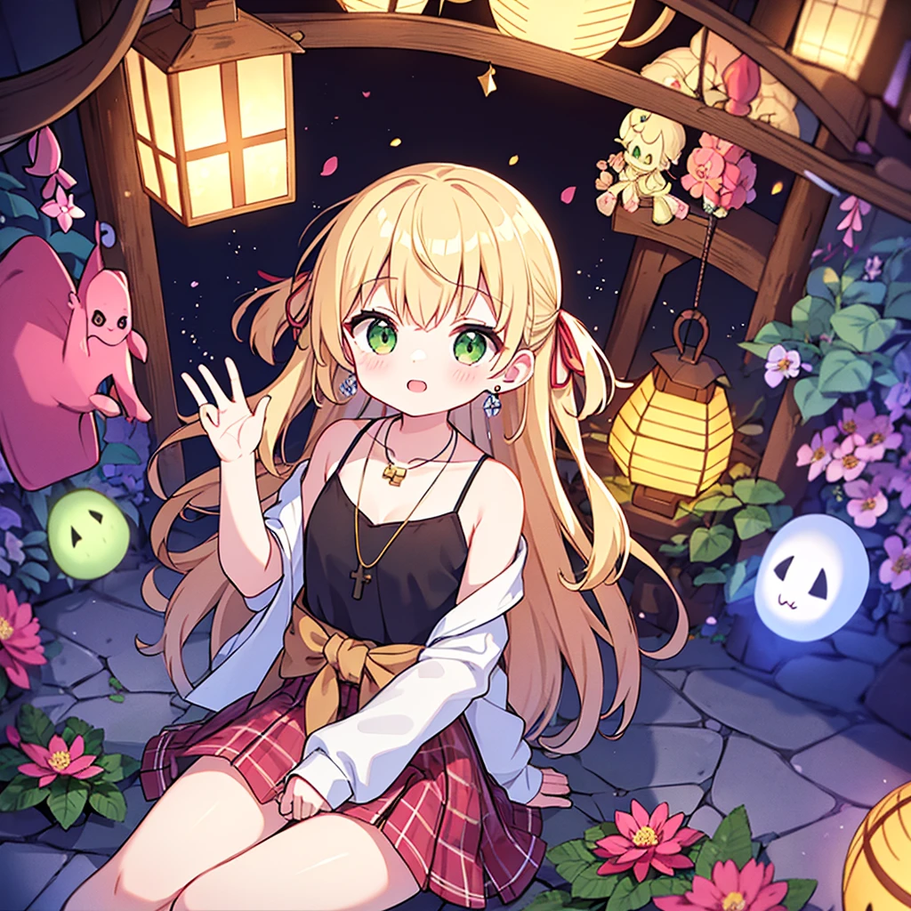 pink blonde、green eyes、one good looking girl、solo、anime、plaid mini skirt、the skirt has buttons、black camisole、black t-shirt、dress、wearing a ribbon、ribbon at waist、cloak、hood、stone slabs are piled up、raising one hand、crystal earrings、monster castle、jewelry necklace、Light and shadow、Hundreds of Ghosts at Night、lantern、sitting、legs crossed、mirror、tunnel、clock、Stuck in the wall、universe、skeletal specimen、fern plants、petal、tilting one's face、teeth are visible、red carpet、magic