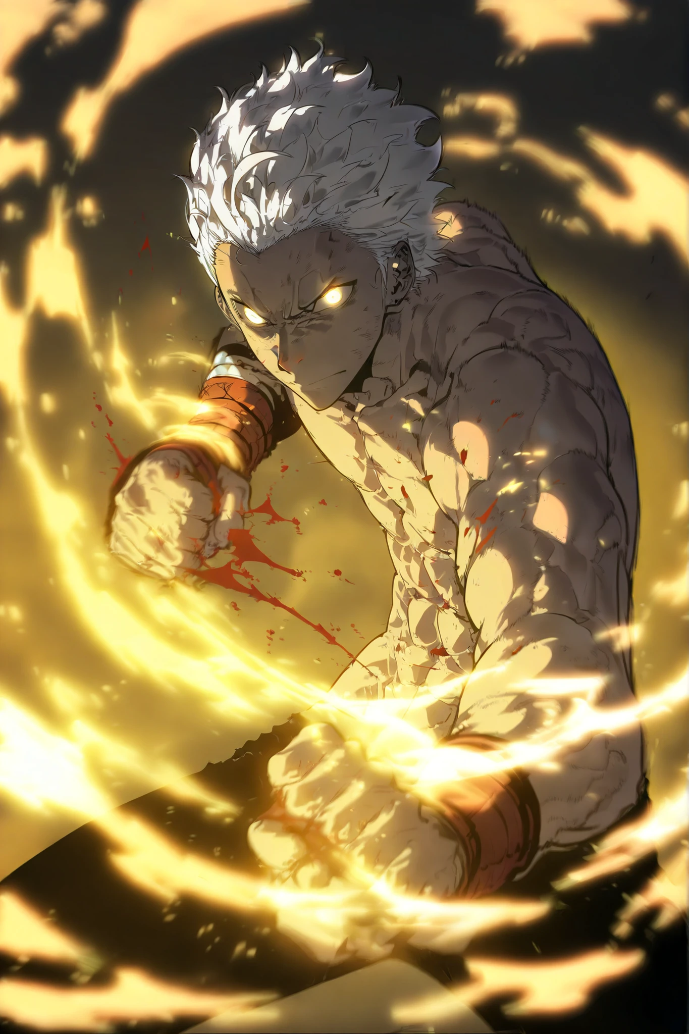 Handsome, Athletic, alone, male, Short spicky hair, long white hair, black yellow eye, no shirt, black pants, , intricate sketch, expressive eyes nose and mouth, Abs, simple pose, clench fist, martial art stance, blood on his fists , perfect Anatomy