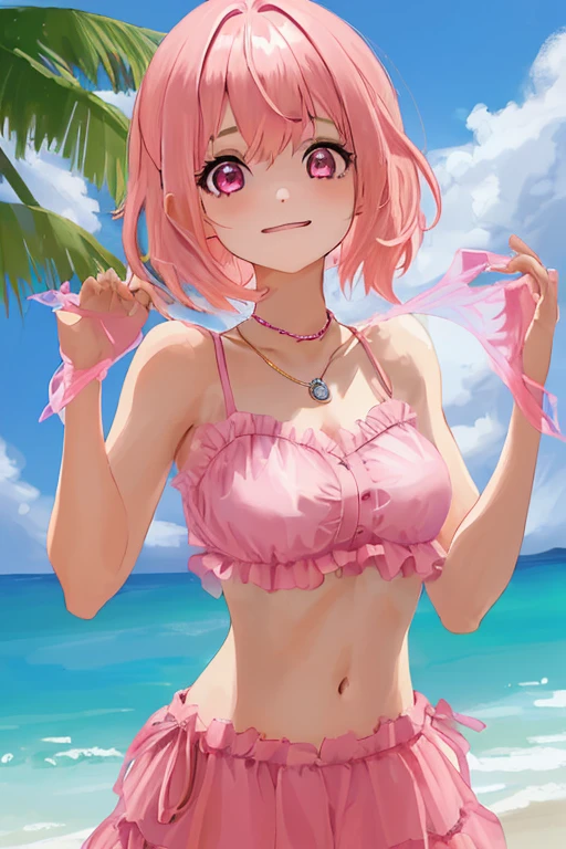 masutepiece, Best Quality, 1girl in,Komeiji Satori,Ahoge, Pink hair,Pink eyes,Short hair,shairband, 3rd eye, Sea and sandy beach background,Pink ruffled bikini、the whole body is wet、Embarrassed face