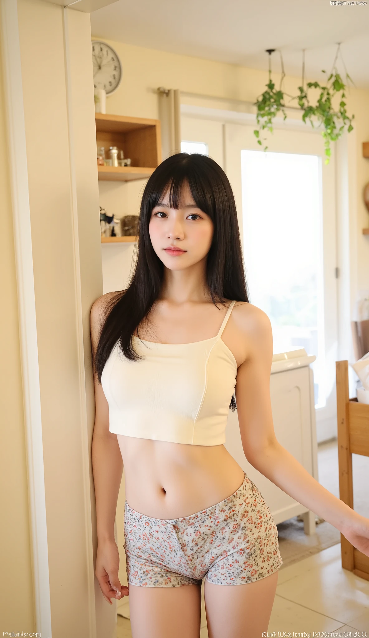 skirt rift、Detailed underwear、(hposing Gravure Idol、Perfect Fabric Tank Top、flat breast)、(lift the breast)、(realisitic、Photorealsitic、ultra-detailliert、Highest Details Skins、top-quality、masterpiece、超A high resolution)、Cute Japan Woman、sixteen years old、hi-school girl、younggirl、make - up、1 girl in、I have bangs、二重まぶた、drooing eyes、Realistic skin type、inside in room、thighs thighs thighs thighs