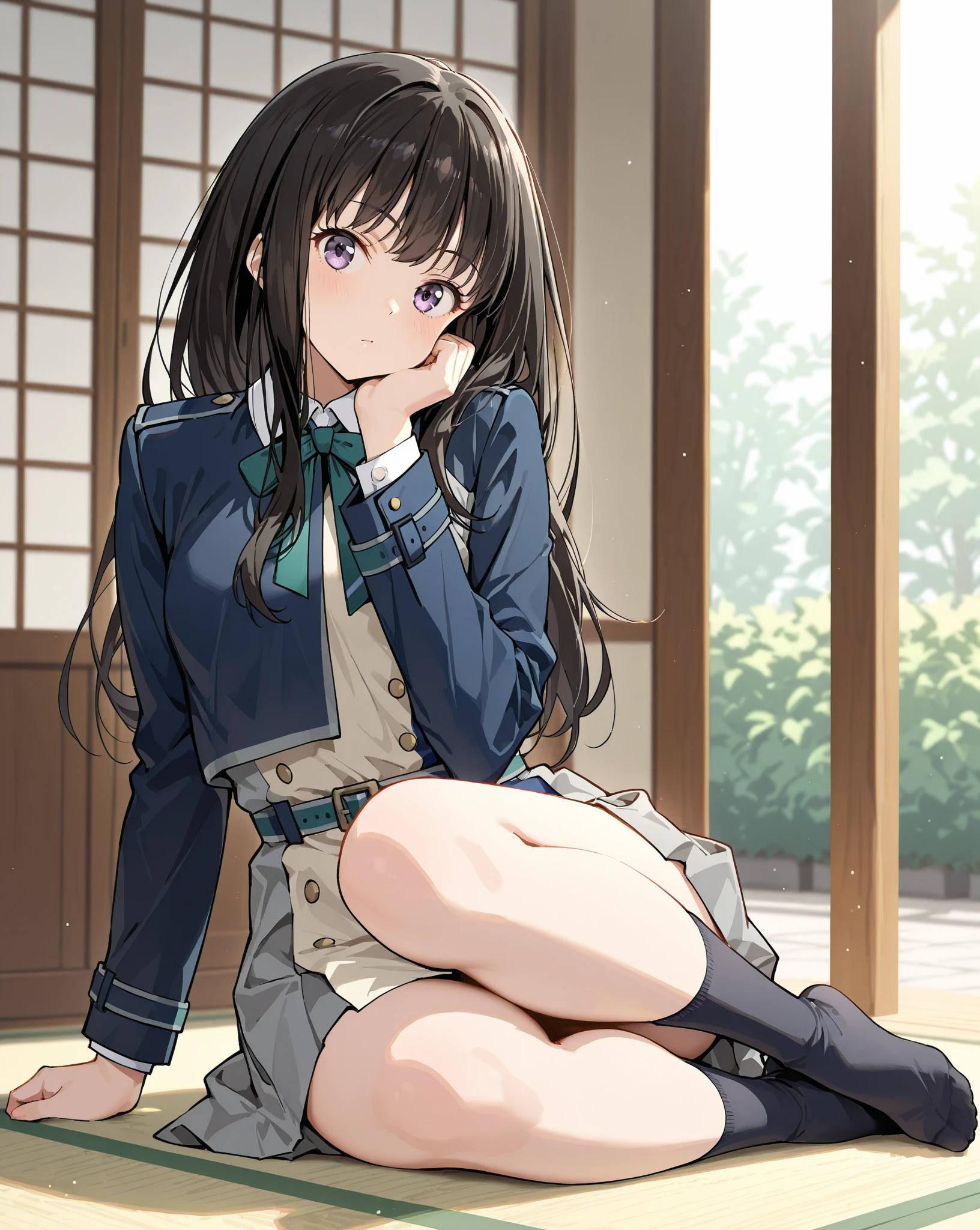 (masterpiece, highest quality: 1.2), alone, 1 girl, alone, panties,,blush,Sailor suit,blazer,your heather, smile, Mouth closed, View your viewers, Long black hair, head band, Earrings, Big Breasts, Medium Waist, Medium Hips, wide thighs, Embarrassing, Charm, smiling with her Mouth closed, Good move.., Excellent ???????,panties,classroom,,Sailor suit,blazer,skirt, (((skirtめくり, I can see your pants))),