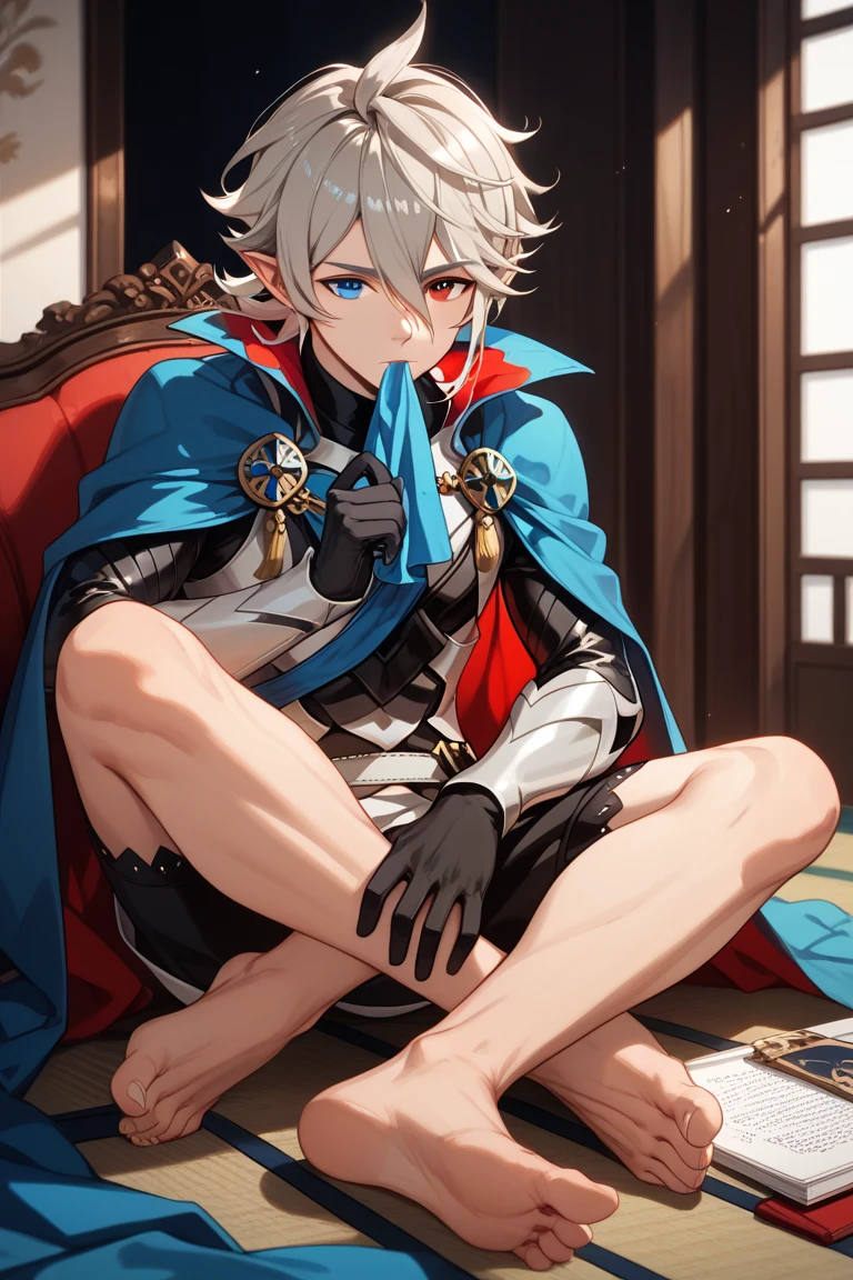1 boy, 17 years old, tall, medium blonde hair, pale skin, completely blue eyes, ears like elves, glowing white tattoos all over, black and blue royal costume, sitting on a cloud, looking at the earth on the shoulder, sky in the background, detailed face, detailed hands, detailed legs, detailed fingers, detailed hair, detailed eyes, detailed skin, dynamic lighting, 8K UHD, (super realistic), (photo realistic), (masterpiece), (best quality), (male focus: 1.5) (NSFW: 1.5), correct limbs, femboy, (ahegao: 1.3), legs apart, leg raise, mask