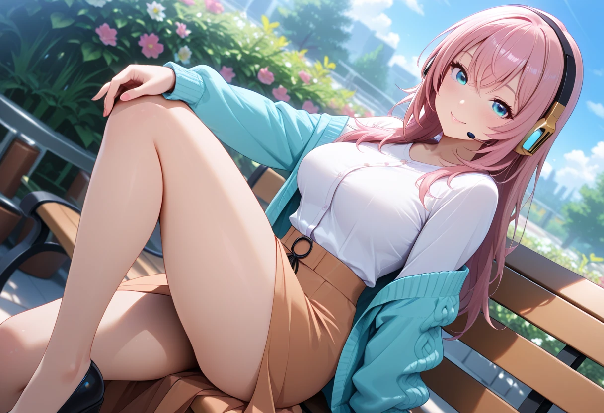 colored hair high school girl、Green skirt、light blue cardigan、(Blue headphones)、Semi-long hair、Black sheer pantyhose、sheer stockings、vagina、、(no panties)、(Wet)、red blush、Solo、(See-through)、tea shop、Terrace seating、(pussy juice)、Sheer blouse