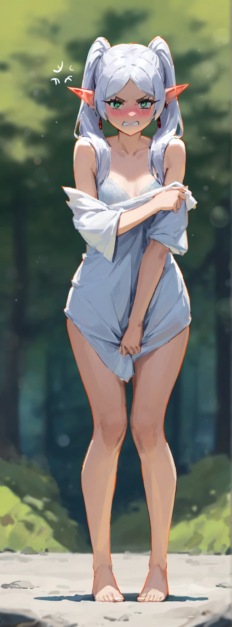 very awa, masterpiece, highres, absurdres,
1girl, gray simple background, frieren, solo,naked clothes, undressing, taking off her white clothes, bra, full body, away view, (blushing), forest, naked breasts ,
blurry background, depth of field, bokeh, ((angry)),
(klskx:1.1), looks around, blush, blush, embarrassed, scared , ((shy)) ,green eye, beautiful detailed eyes, detailed skin, detailed hair, volumetric lighting, in full view