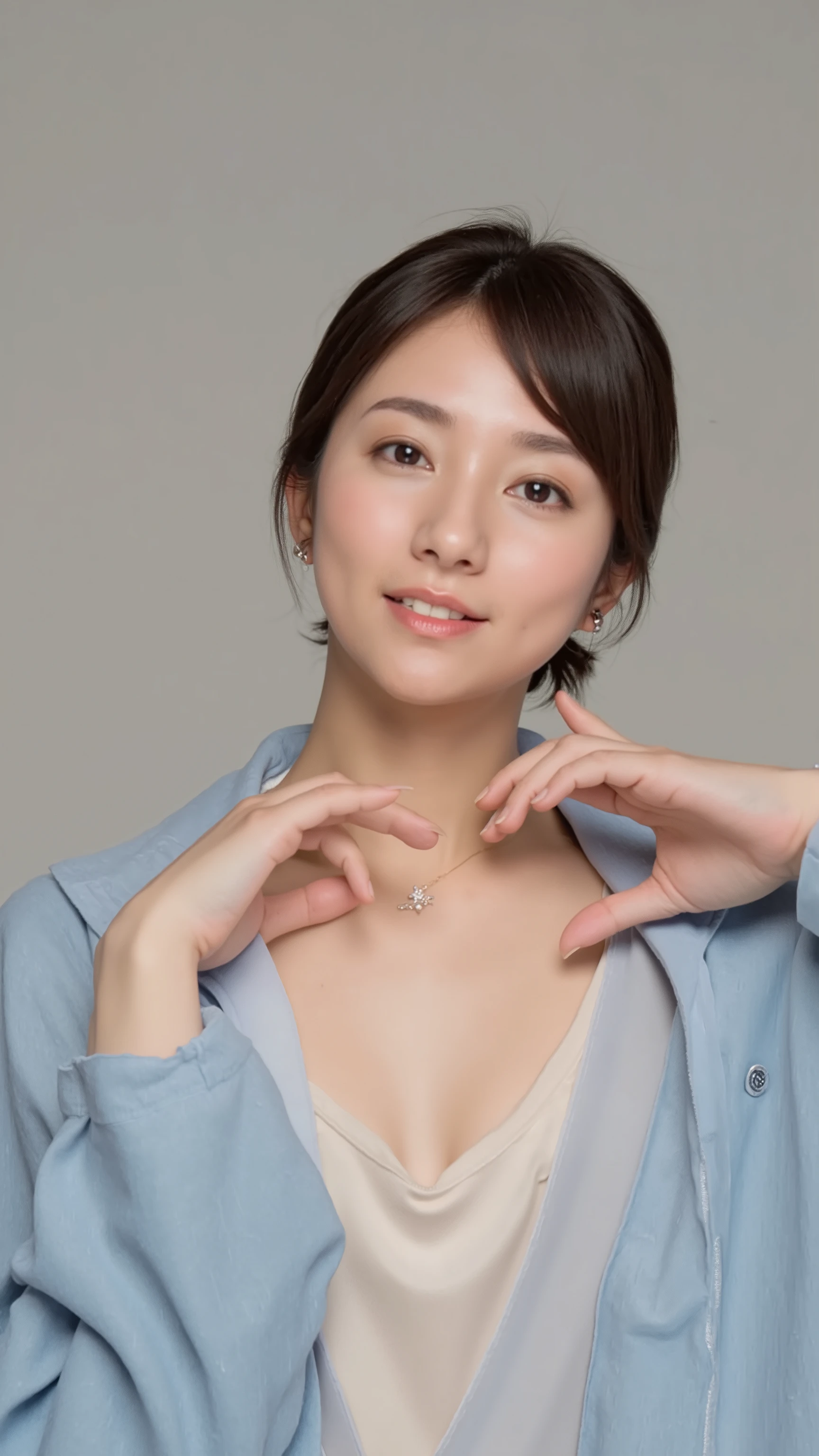 a woman with a cute smile is cute, in light blue underwear, make a big heart with both hands, posing with arms in front of chest, View above the collarbone、 background is monotone 、