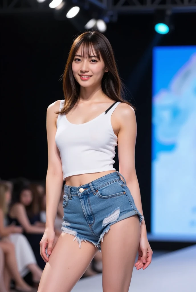 A smiling female model at the auto show wearing a pink tank top and denim shorts, Walk confidently through the convention center auto show in high heels, surrealism, High detail, Cinematic lighting, first person perspective, f/1.8, 35mm, hyper HD, Masterpiece, Anatomically correct, Textured skin, Super detail, High quality