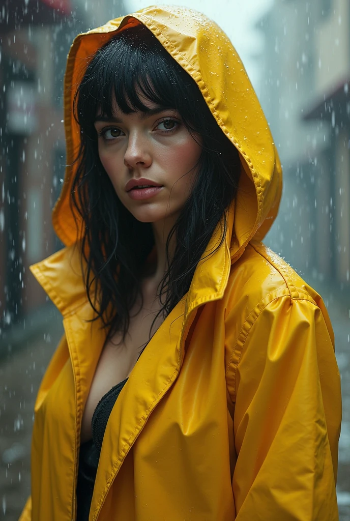 a pretty girl in a long pink shiny A frame buttoned raincoat, tall pink rainboots, long hair, wearing a hood, soaking wet in the rain, detailed facial features, beautiful detailed eyes, beautiful detailed lips, extremely detailed face and eyes, longeyelashes, photorealistic, 8k, masterpiece, highly detailed, intricate details, cinematic lighting, dramatic lighting, moody atmosphere, rainy, stormy weather, lush nature, forest background